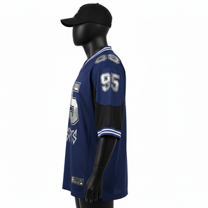 T-shirt 100 % coton pour homme, coupe ample, imprimé, maillot de football en maille épaisse, panneaux d'épaule gris marine, logo personnalisé thermocollé - Product Image 3