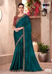 <b>Red</b> Silk Saree Embroidered <b>Sequin</b> Border Traditional Dress for Wedding Party Diwali Women - Product Image 2