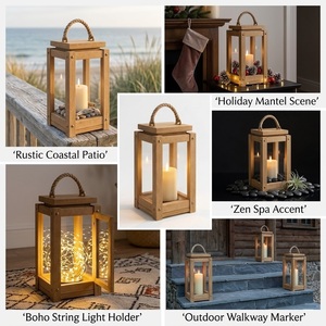 Lanterne en bois naturel artisanale avec poignée en corde de jute, style farmhouse, écologique, porte-bougie décoratif de Noël pour l'intérieur - Product Image 3