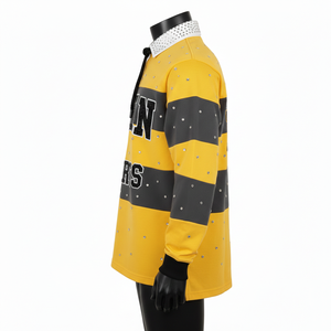 Camiseta de Rugby para Hombre, Algodón y Poliéster, Gruesa, Amarilla con Paneles Negros, Rayas, Logotipo de Diamantes de Imitación, para Camisetas de Polo - Product Image 3