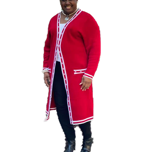 Red White Long <b>Duster</b> Cardigan Winter Wool/Cashmere for Sorority Knit Sweater Open Front V Neck Classic Contrast - Product Image 1