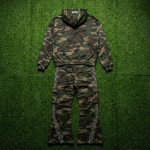 Mens <b>Camouflage</b> <b>Cargo</b> Hoodie Tracksuit Rhinestone Embroidery Wide Leg <b>Pants</b> Custom Streetwear Sportswear Matching Set - Product Image 5