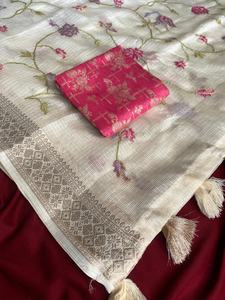 Saris en pure soie Kota pour femmes avec de magnifiques broderies sur le sari et des franges en viscose Banarasi sur le pallu - Product Image 4