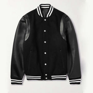 Chaqueta Varsity Vintage Unisex de Cuero de Pakistán, Negra y Blanca, Corte Regular, Color Sólido, Transpirable, Cierre de Botones Cubiertos, Cuello Alto - Product Image 1