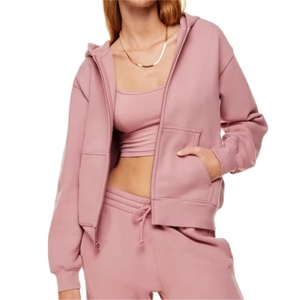 Sweat à capuche zippé côtelé pour femme, doux, intérieur brossé, en coton bouclé, vêtements de détente, usine de vêtements personnalisés - Product Image 2