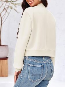 Chaqueta Bomber Crema para Mujer, Manga Larga, Cuello Alto, Cierre de Botones, Bolsillos con Parches, Ropa Exterior Informal, Color Sólido, Tejido de Poliéster - Product Image 3