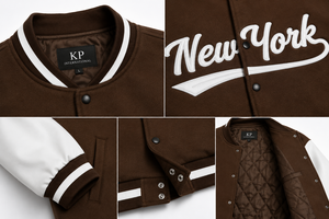 แจ็คเก็ตวาร์ซิตี้ปักลายนิวยอร์กสำหรับผู้ชาย สีน้ำตาล แขนสีขาว เสื้อโค้ทลำลองสำหรับฤดูใบไม้ร่วง ปกคอพับ ทรงปกติ ขายส่ง - Product Image 3