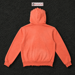 Sudadera con capucha rosa coral oversize con cremallera completa, estampado de estrellas rojas y borde desgastado, estilo streetwear unisex de ajuste holgado - Product Image 6