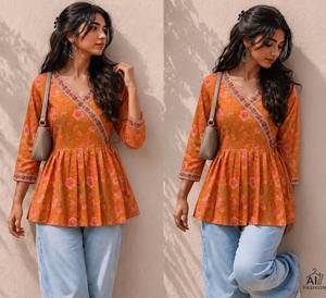 Floral Printed V Neck Short Kurtis Peplum Tunic Style Top <b>Wrap</b> Front Women Indian Pakistani Style Casual Party Wear Tunic - Product Image 5