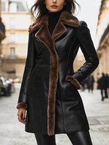 Women's Leather <b>Coat</b>, Lambskin Leather Jacket, <b>Fur</b> Collar Winter <b>Coat</b>, Long Fitted Wine Red <b>Trench</b> <b>Coat</b> - Product Image 1