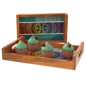 ชุดถาดเสิร์ฟไม้พิมพ์ลายคุณภาพสูง 2 ชิ้น ถาดไม้ทำมือพร้อมหูจับ สำหรับเสิร์ฟของตกแต่ง ของหวาน - Product Image 4