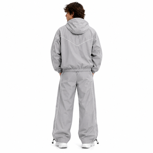 Y2K Retro Custom Men's Two Piece Contrast Piping <b>Jacket</b> Wide Leg Nylon Track Pants Trendy Lightweight <b>Grey</b> Full Zip Oversized - Product Image 3