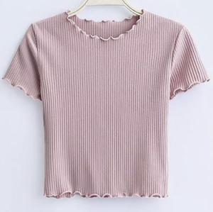 Top Corto Casual de Punto Acanalado Rosa para Mujer, 100% Algodón, Cuello Redondo, Manga Corta, Corte Regular, para Primavera/Verano - Product Image 1