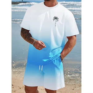 Mens 2-Piece <b>Knitted</b> Polyester/Cotton T-Shirt <b>Set</b> Slim Fit Casual Summer Crew Neck Digital Printing 220-240 Grams Fabric Weight - Product Image 2