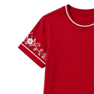 เสื้อยืดคอกลมผ้าฝ้ายปักลายดอกไม้สีขาวสำหรับผู้หญิงสีแดงแบบกำหนดเอง แขนสั้น สไตล์ลำลอง ผลิตตามสั่ง OEM คุณภาพพรีเมียม แฟชั่นฤดูร้อน - Product Image 5