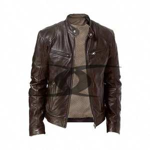 Blouson d'hiver pour homme en cuir d'agneau véritable OEM, imperméable, respirant, col montant, marron classique, coupe ajustée, style motard - Product Image 3