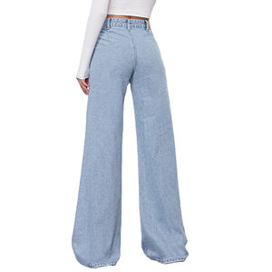 Jean en denim bleu clair taille haute pour femme, coupe large, ample, décontracté, en coton, style vintage - Product Image 5