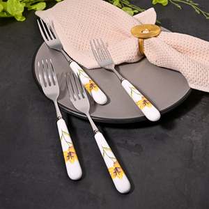 Ceramic & Steel Sunray Floral <b>Forks</b> (Set of 4) for Fruit Dessert Restaurant Use Kids Friendly Stainless Steel Handle for Camping - Product Image 5