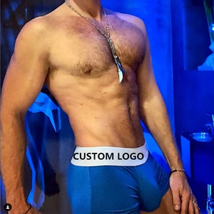 Men's Blue <b>Boxer</b> Briefs <b>Custom</b> Logo Waistband Mid-Rise Seamless Knitted Underwear - Product Image 5