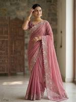 Sari traditionnel en soie Georgette lourde avec broderies riches et travail Zari, réversible, protection solaire, pour occasions de mariage