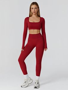 Conjunto de Yoga sin Costuras de 2 Piezas, Top Corto de Cintura Alta y Leggings Largos, Color Sólido, Cuello Cuadrado, Espalda Cruzada, Ropa Deportiva para Mujer - Product Image 4
