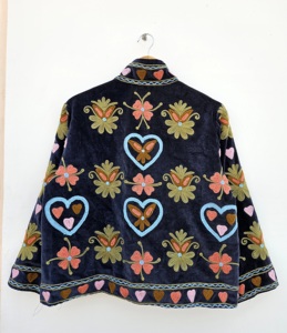 Breathable 100% Velvet Suzani Embroidered Floral Printed Jacket <b>Covered</b> <b>Button</b> Closure Full Sleeve for Women's Spring Autumn - Product Image 6