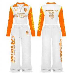 Conjunto de Pantalón y Camiseta Deportiva para Mujer, Premium, de Poliéster y Spandex, con Paneles Raglán en Naranja y Blanco, Sublimación, Logotipo Personalizado - Product Image 3