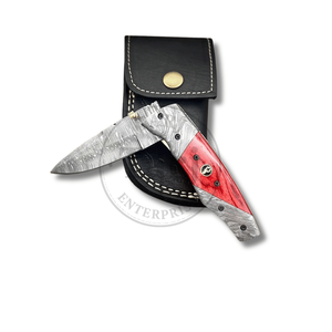Handmade Damascus Steel Folding Knife Red Wood Handle Professional <b>Drop</b> Point Blade Model TR8885 8inch Overall Length TARJ - Product Image 2