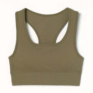 Sujetador deportivo acanalado verde oliva con cuello redondo y soporte medio para yoga - Product Image 2
