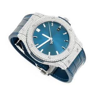 High <b>End</b> Men's Full Round Cut Diamond Watch Moissanite Custom Stick Blue Dial Premium Full Pave Watch in Lather Band - Product Image 2