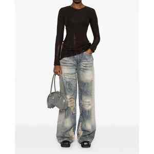 กางเกงยีนส์เดนิมทรงขาบานเคลือบแว็กซ์สีดำแบบสั่งทำพิเศษสำหรับผู้ชาย - Product Image 5