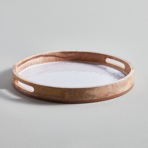 Handcrafted Pearl Enamel Wooden Serving <b>Tray</b> with Raised <b>Round</b> Rim and Cutout Handles Decorative Dining <b>Table</b> Organizer Serving - Product Image 4