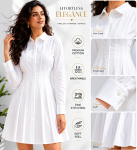 Robe chemise en coton blanc pour femmes, manches longues, plissée, mini-robe décontractée, confortable, élégante, chemisier pour femmes, robe d'été - Product Image 4