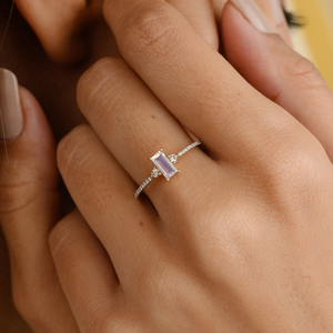 14K Solid Gold Baguette Cut <b>Moonstone</b> Wedding Band <b>Ring</b> for Women - Product Image 1