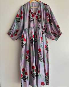Lightweight <b>Boho</b> Floral Block Print <b>Dress</b> Casual <b>Summer</b> Sundress Balloon Sleeves Pure Cotton Maxi Outfit Women - Product Image 2