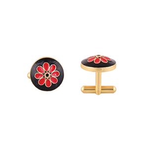 Mancuernillas Redondas de Lujo con Baño de Oro y Esmalte Negro y Rojo para Hombre, Accesorios Florales para Camisa Formal, Regalo de Boda o Negocios, Diseño Exclusivo - Product Image 2