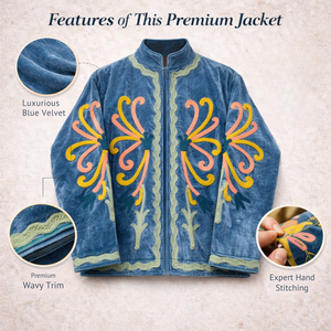 Veste bomber en velours brodée à la main pour femme, col montant, doublure en coton, style bohème - Product Image 3