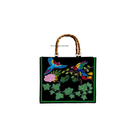 Tas Tote Kanvas Warna Solid Berhias Manik-Manik dengan Pegangan Bambu Buatan Tangan, Penutup Ritsleting, Desain Terbuka Besar untuk Penggemar Olahraga