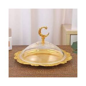 Plateau à dattes en métal de qualité supérieure pour le Ramadan avec dôme en verre, élégant bol de service pour fruits secs, idéal pour la table de l'iftar du Ramadan - Product Image 1