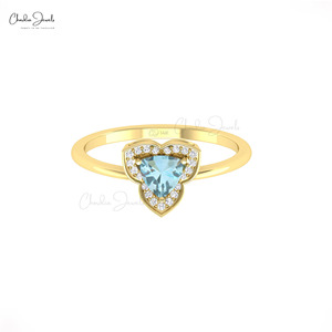 Bague de mariage élégante en or jaune 14 carats avec aigue-marine naturelle de 5 mm sertie à griffes et halo de diamants, vente en gros pour mariée - Product Image 2