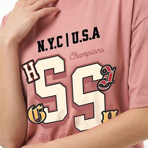 Oversized Shoulder drop Crew Neck T-Shirt Pink Solid Color Short Sleeve <b>Plus</b> <b>Size</b> Women's Casual <b>Top</b> Letter Decoration - Product Image 4