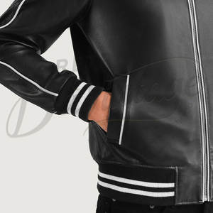 Veste bomber varsity en cuir véritable noir pour homme, poignets côtelés rayés, cuir pleine fleur de qualité supérieure, classique - Product Image 6
