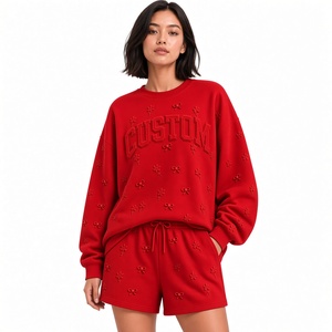 Ensemble décontracté 2 pièces en maille polyester/coton pour femme, avec impression de lettres en relief, col ras du cou, coupe ample - Product Image 1