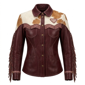 Shirt Collar Burgundy Wine <b>Fringe</b> Cowhide Hair On Hide <b>Womens</b> Western Leather <b>Jacket</b> Spotted Fur Country Rodeo Coat - Product Image 1