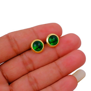 Green Emerald Post Stud <b>Earrings</b> Handmade Gold Plated Dainty <b>Earrings</b> Cabochon Solitaire Gemstone Jewelry Gift For Women R - Product Image 3