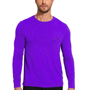 Men's Gray Long Sleeve O-Neck <b>T</b>-<b>Shirt</b> with Chest Pocket Regular Fit Casual Knitted <b>Modal</b>/Cotton Quick Dry Anti-Pilling Top - Product Image 3
