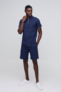 Polo de Punto Azul Marino para Hombre, Manga Corta, Corte Regular, Ribete en Contraste, Color Sólido Informal, Cierre de Cremallera - Product Image 5