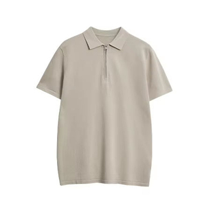 Men's Beige Short Sleeve Oxford Polo Shirt Zipper Casual Regular Fit Solid Color Woven Fabric - Product Image 1