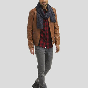 Veste en cuir véritable pour homme, marron, fermeture éclair, col rabattu, style décontracté, automne, coupe ajustée, longueur standard - Product Image 1