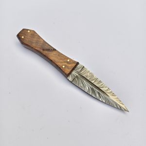 Couteau à lame fixe en acier Damas fait main à motif plume, manche en bois de qualité industrielle, pour camping, extérieur, fruits, personnalisable OEM - Product Image 4